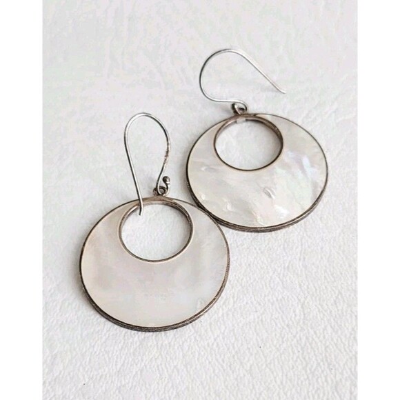 Sterling Silver Dangling Mother of Pearl Disc Earrings 1.75" - Picture 4 of 5